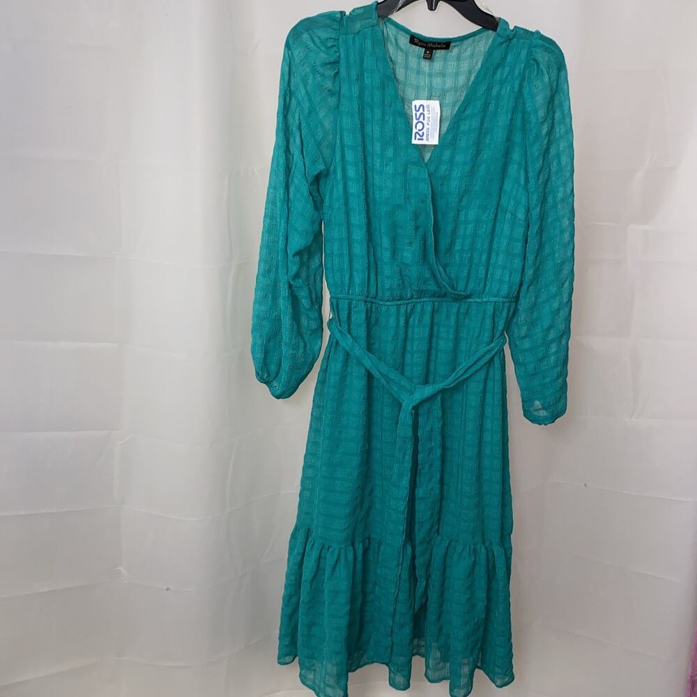 Ryan Michelle Emerald Green Wrap Dress Medium NWT Belted Tiered Midi